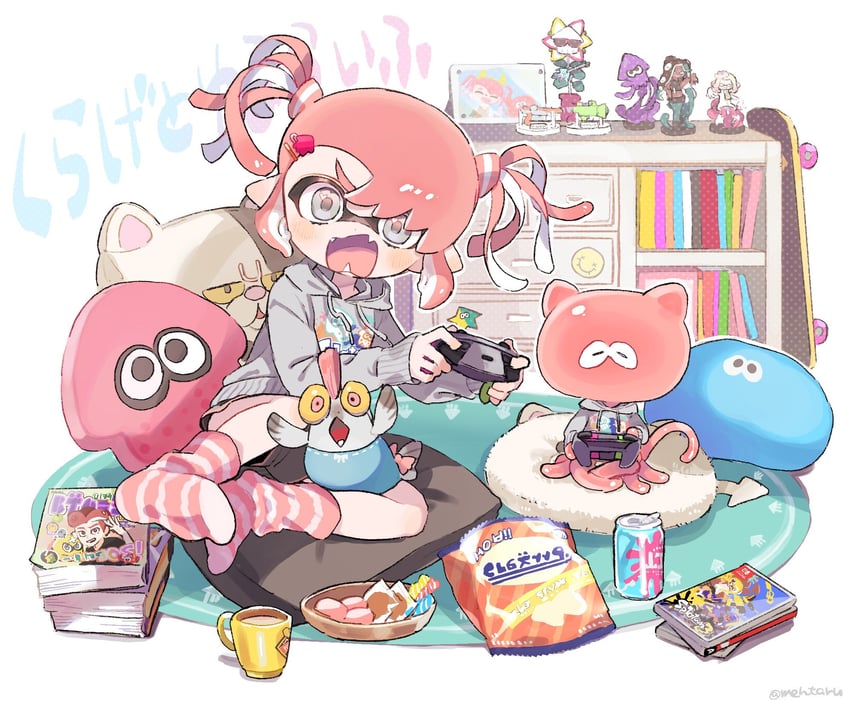 inkling player character, inkling girl, marina, pearl, smallfry, and 2 more (splatoon and 1 more) drawn by amezawa_koma