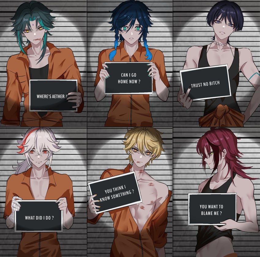 scaramouche, aether, venti, xiao, kaedehara kazuha, and 1 more (genshin impact) drawn by didin_ed
