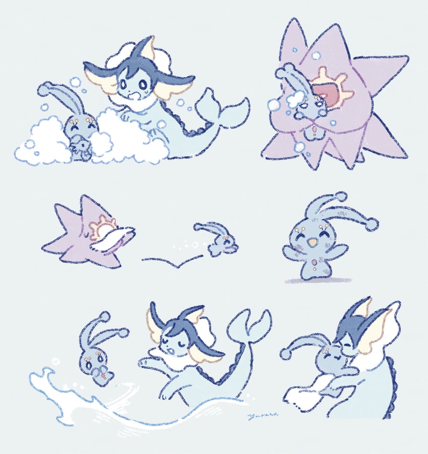 vaporeon, starmie, manaphy, and horsea (pokemon) drawn by yurano_(upao)