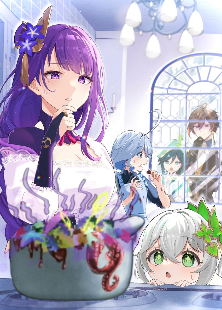 raiden shogun, furina, nahida, zhongli, and venti (genshin impact) drawn by sanashiro_mako