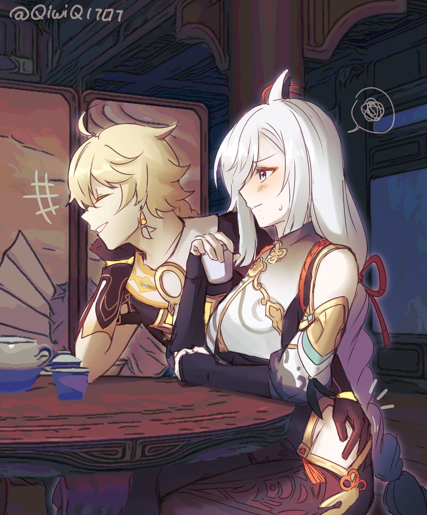 aether and shenhe (genshin impact) drawn by qiwiq