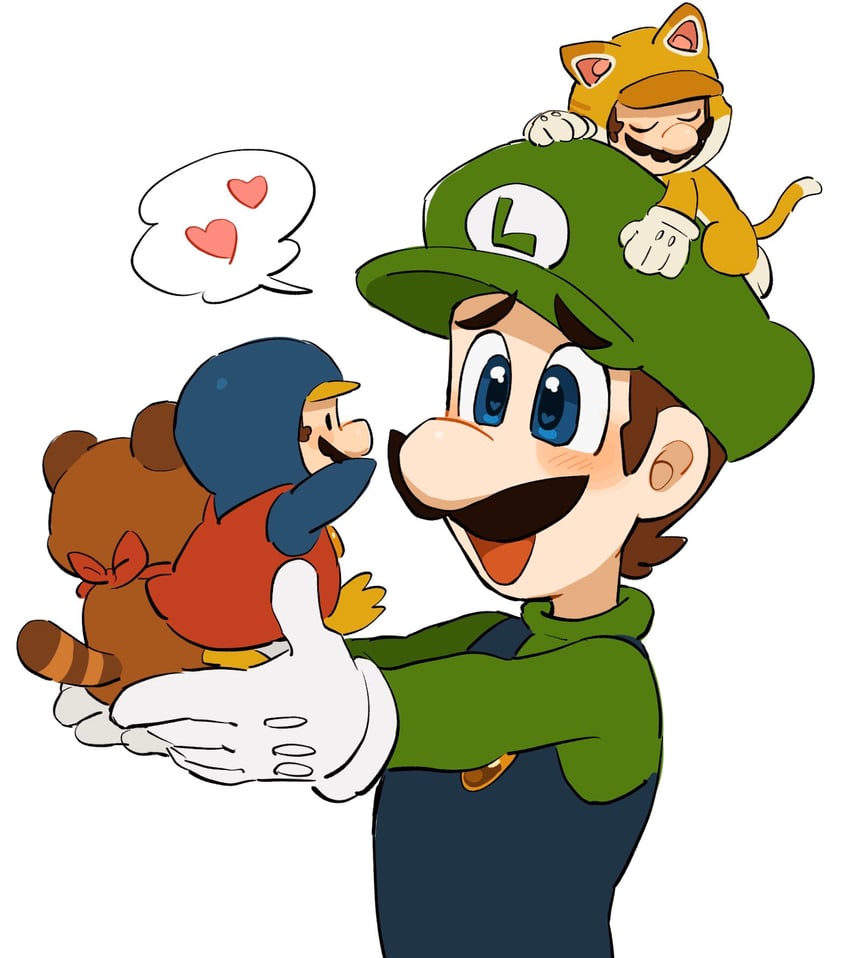 mario, luigi, cat mario, tanuki mario, and penguin mario (mario and 3 more) drawn by mimimi_(mimimim9999)
