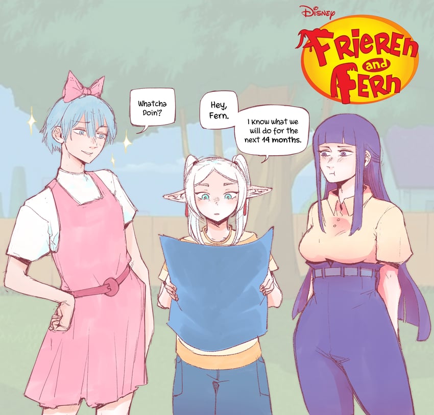 frieren, fern, himmel, phineas flynn, isabella garcia-shapiro, and 1 more (sousou no frieren and 1 more) drawn by kreadorsito