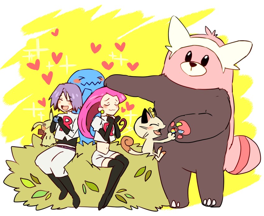 mimikyu, jessie, james, meowth, wobbuffet, and 1 more (pokemon and 1 more) drawn by mizuto_(o96ap)
