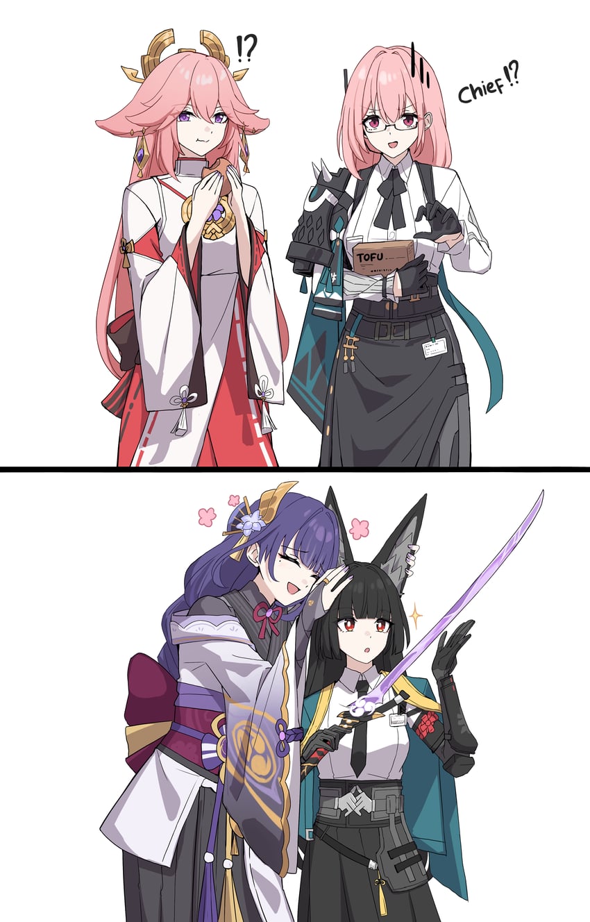 raiden shogun, yae miko, hoshimi miyabi, and tsukishiro yanagi (genshin impact and 2 more) drawn by asiri_senpai