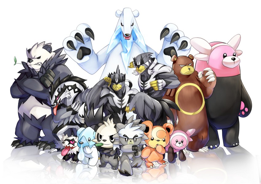 teddiursa, bewear, obstagoon, pancham, galarian zigzagoon, and 7 more (pokemon) drawn by osomatsu1ban