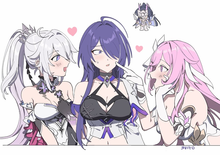 kiana kaslana, acheron, raiden mei, and elysia (honkai and 2 more) drawn by uehara_suiyo
