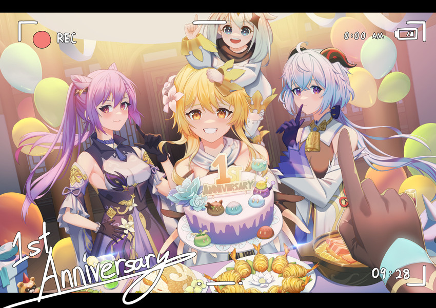 ganyu, lumine, aether, paimon, slime, and 1 more (genshin impact) drawn by zero_yee