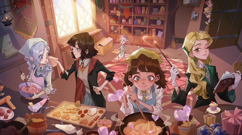 cassandra vole, daniel page, ivy warrington, lottie turner, robyn thistlethwaite, and 1 more (wizarding world and 2 more) drawn by xing_she_(ttat)