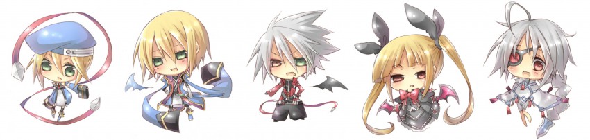 noel vermillion, ragna the bloodedge, nu-13, rachel alucard, and jin kisaragi (blazblue) drawn by takamiya_ren