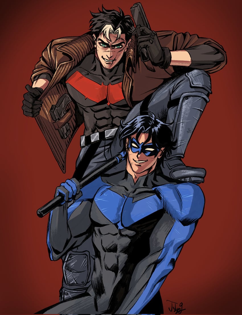 dick grayson, jason todd, nightwing, and red hood (dc comics and 2 more) drawn by jjangpeoboi