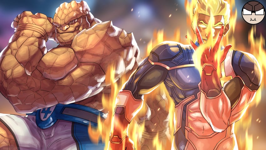 johnny storm, ben grimm, and human torch (jojo no kimyou na bouken and 4 more) drawn by alejandro_pupo