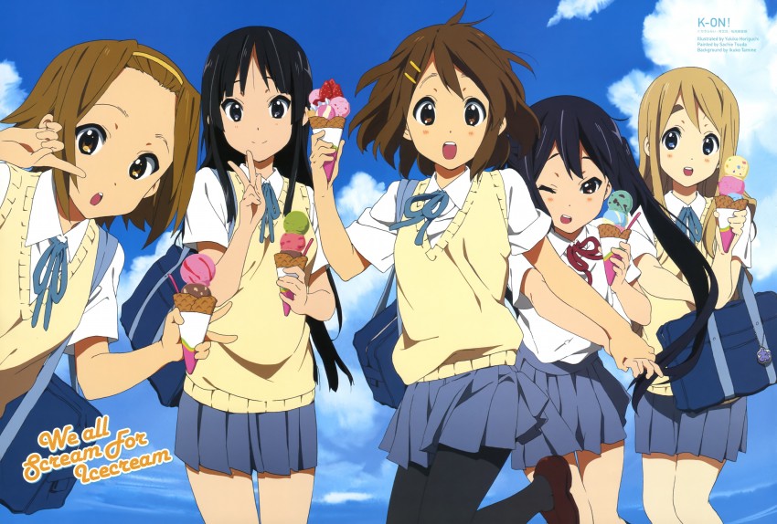 akiyama mio, nakano azusa, hirasawa yui, tainaka ritsu, and kotobuki tsumugi (k-on! and 1 more) drawn by horiguchi_yukiko, tamine_ikuko, and tsuda_sachie