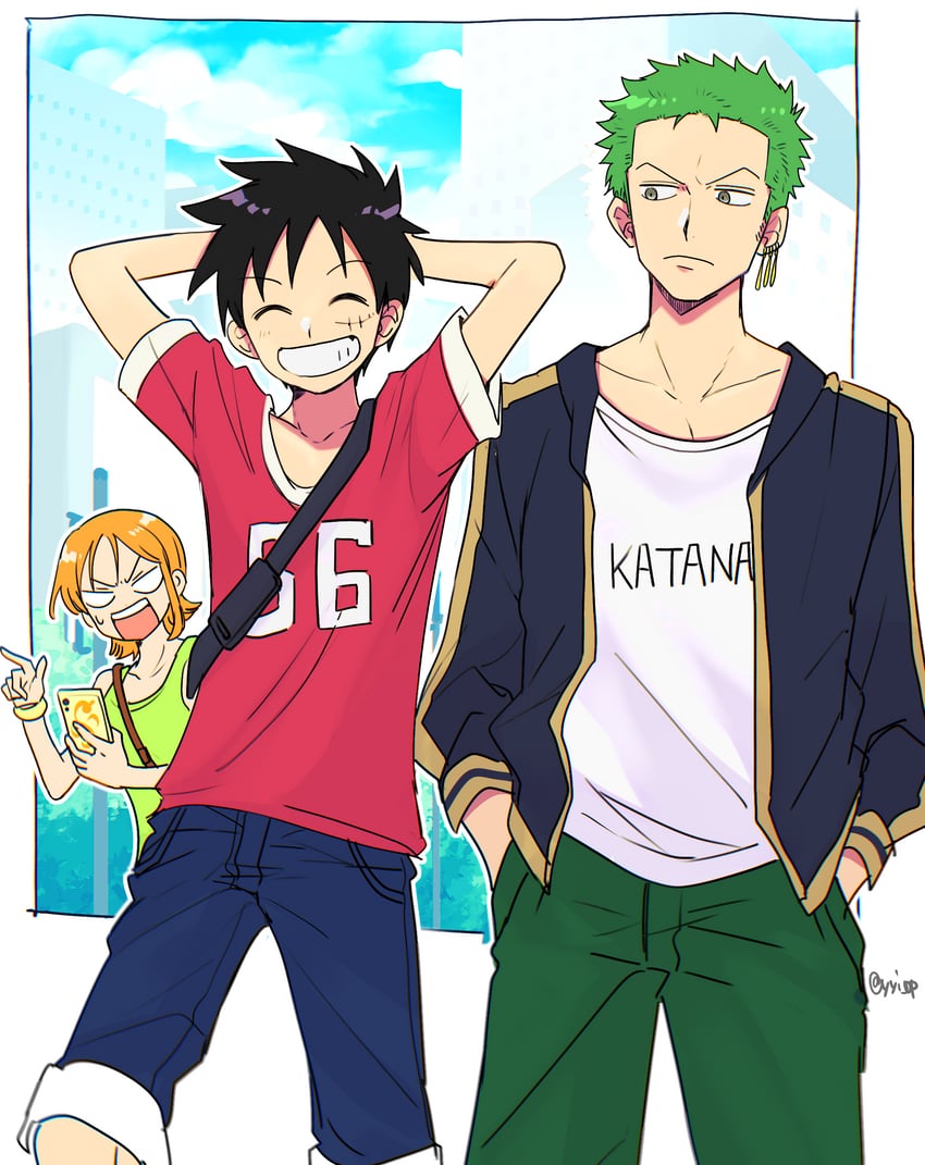 nami, monkey d. luffy, and roronoa zoro (one piece) drawn by yayoi_(yyi_op)