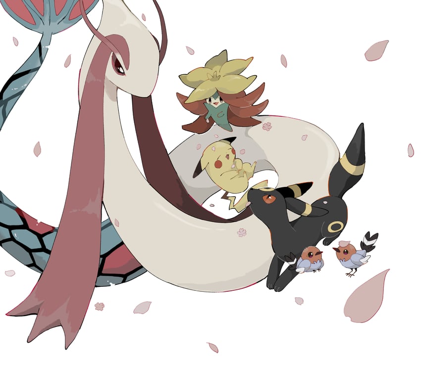 pikachu, umbreon, milotic, fletchling, and gossifleur (pokemon) drawn by kurosuke_(krsk_8x8x)