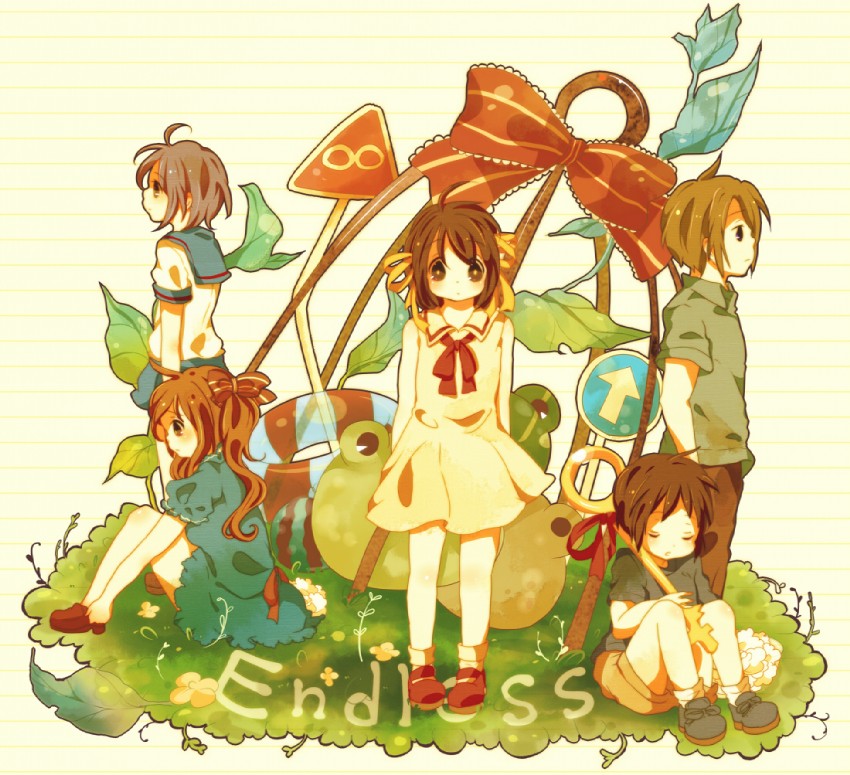 suzumiya haruhi, nagato yuki, asahina mikuru, kyon, and koizumi itsuki (suzumiya haruhi no yuuutsu) drawn by kanamori_mao