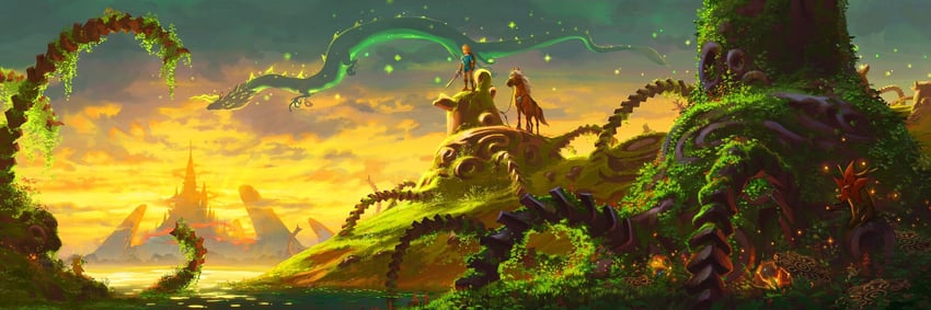 link, korok, epona, guardian, and farosh (the legend of zelda and 1 more) drawn by devin_elle_kurtz