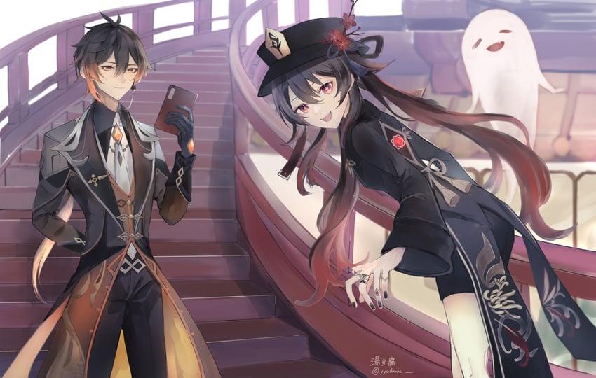 hu tao, zhongli, and boo tao (genshin impact) drawn by yyudouhu