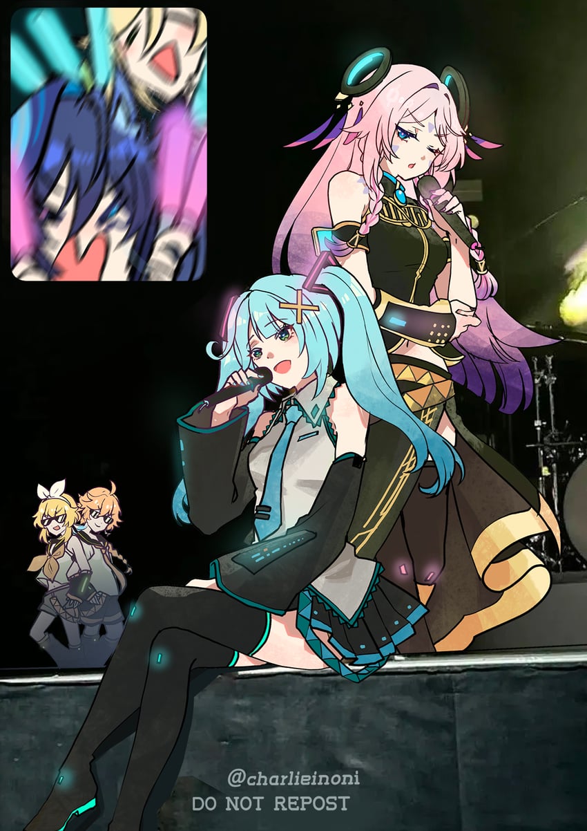 hatsune miku, kagamine rin, lumine, kagamine len, megurine luka, and 5 more (genshin impact and 1 more) drawn by charlieinoni