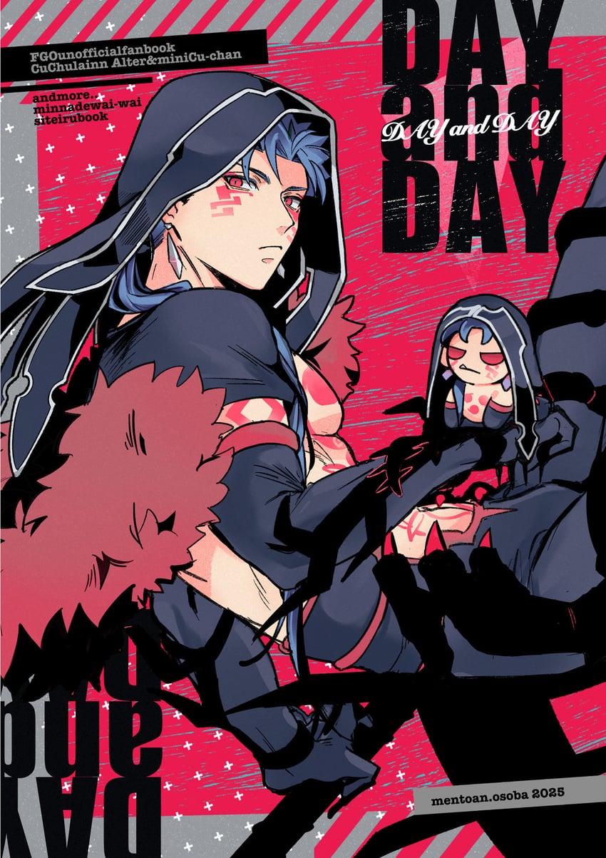 cu chulainn, cu chulainn alter, and mini cu-chan (fate and 1 more) drawn by osoba_(smen29)