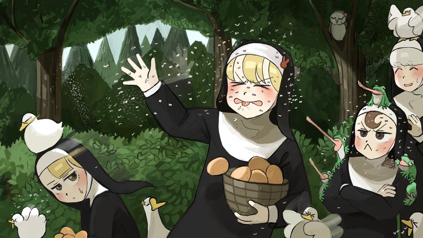 clumsy nun, froggy nun, spicy nun, and sheep nun (little nuns) drawn by diva_(hyxpk)