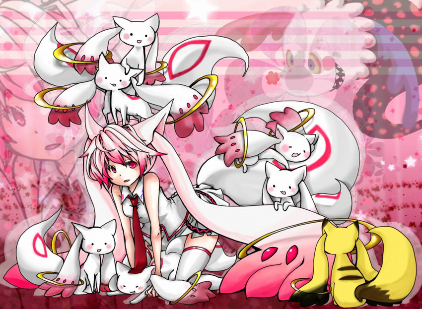 hatsune miku, pikachu, kyubey, and charlotte (pokemon and 2 more) drawn by karakasa_garaku