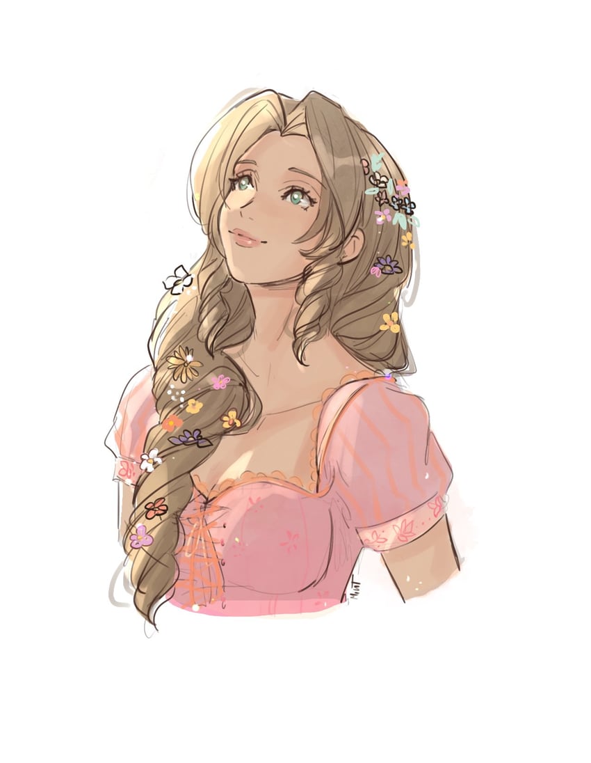 aerith gainsborough and rapunzel (final fantasy and 4 more) drawn by papermint_tea