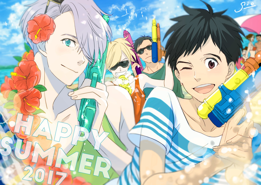 katsuki yuuri, viktor nikiforov, yuri plisetsky, otabek altin, nishigoori yuuko, and 2 more (yuri!!! on ice) drawn by sio