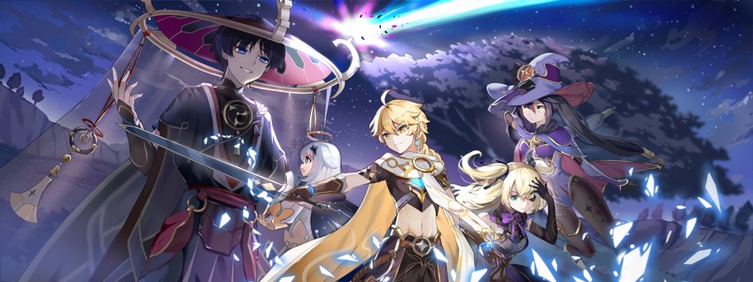 scaramouche, aether, mona, paimon, and fischl (genshin impact) drawn by qihai_lunpo
