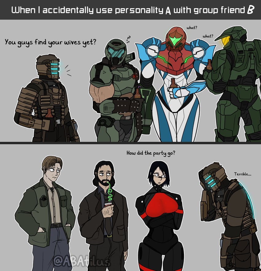 samus aran, elster, doomguy, master chief, james sunderland, and 2 more (metroid and 9 more) drawn by abatilus