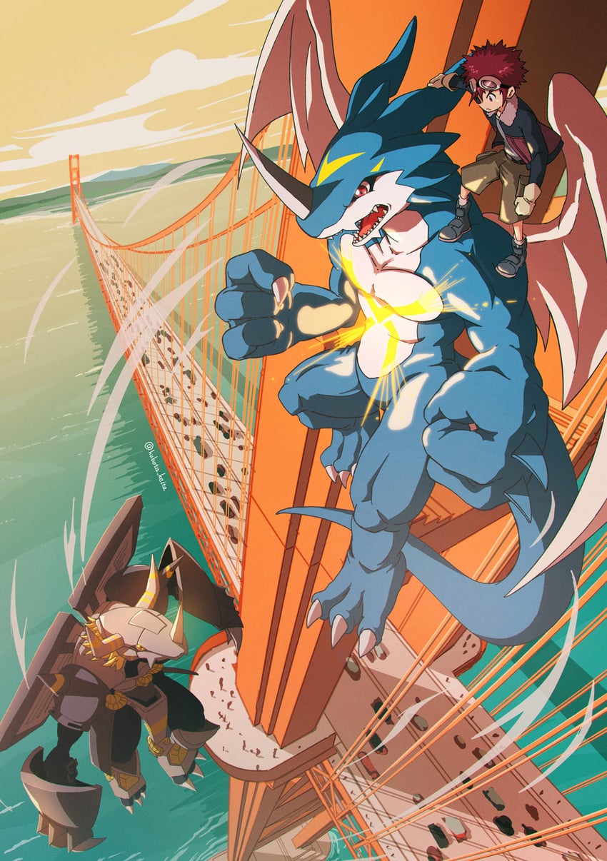 motomiya daisuke, blackwargreymon, and xv-mon (digimon and 1 more) drawn by kubota_keita
