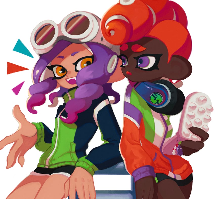 octoling player character, octoling girl, purple pikmin, and white pikmin (splatoon and 2 more) drawn by ka1_(k4k37)