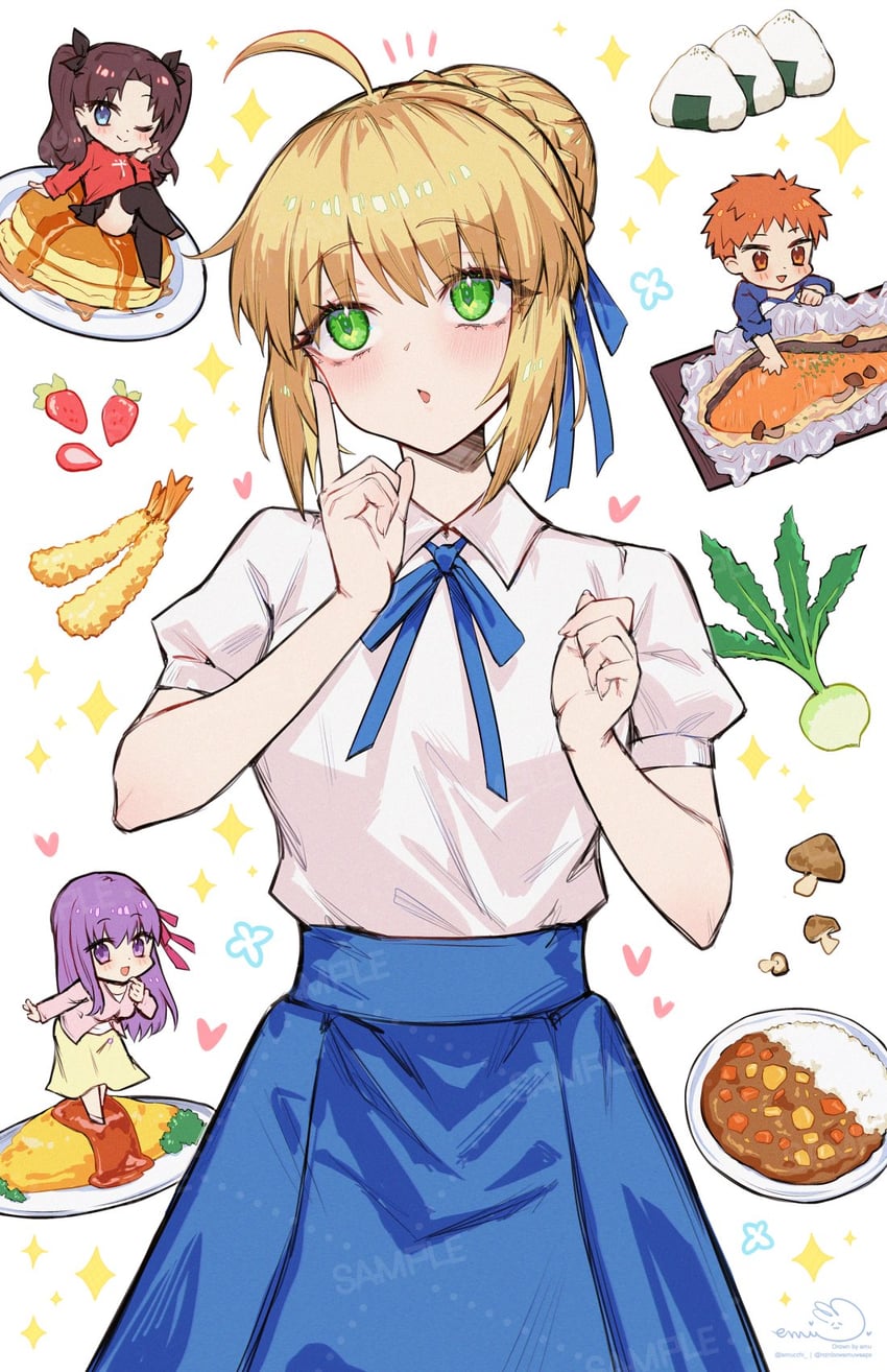 artoria pendragon, saber, tohsaka rin, emiya shirou, and matou sakura (fate and 1 more) drawn by emu_(confisery)