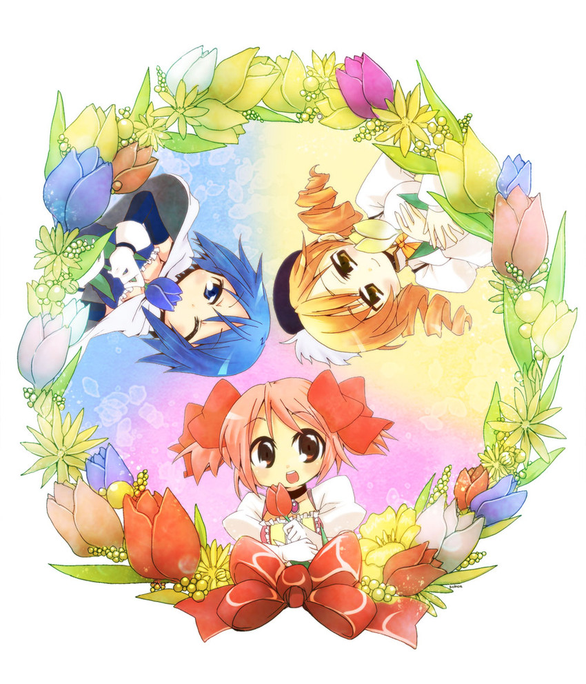 kaname madoka, miki sayaka, and tomoe mami (mahou shoujo madoka magica) drawn by konokono