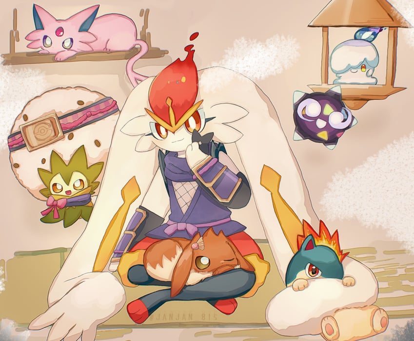 eevee, espeon, litwick, cinderace, quilava, and 2 more (pokemon) drawn by janjan_815
