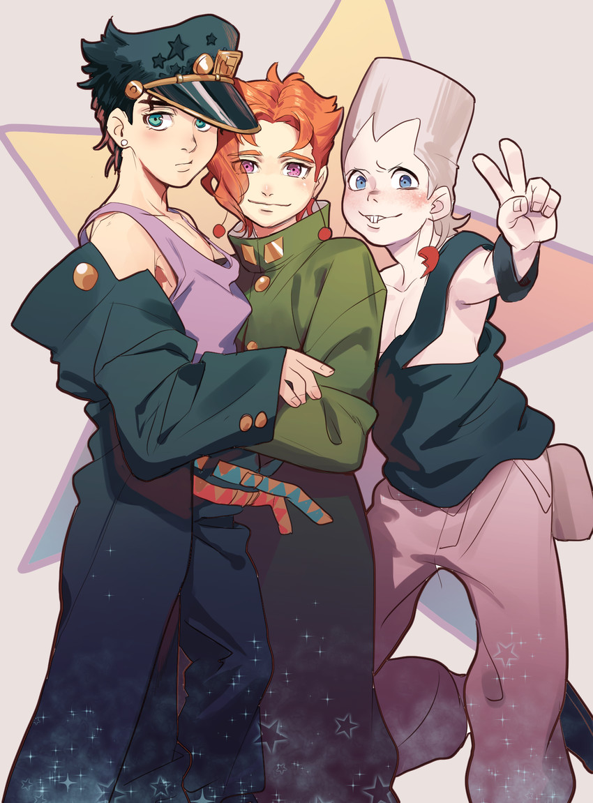kujo jotaro, kakyoin noriaki, and jean pierre polnareff (jojo no kimyou na bouken and 1 more) drawn by sekisei