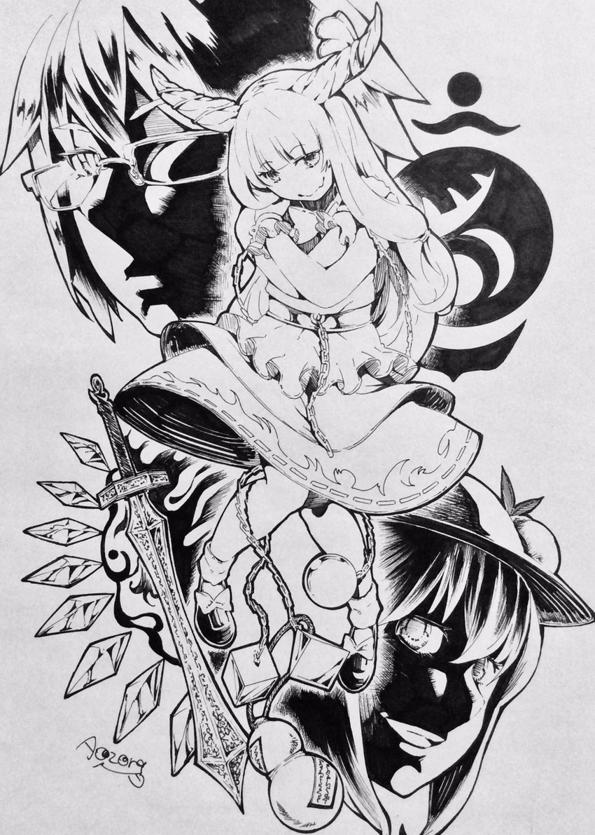 hinanawi tenshi, ibuki suika, and morichika rinnosuke (touhou) drawn by aozora_taf