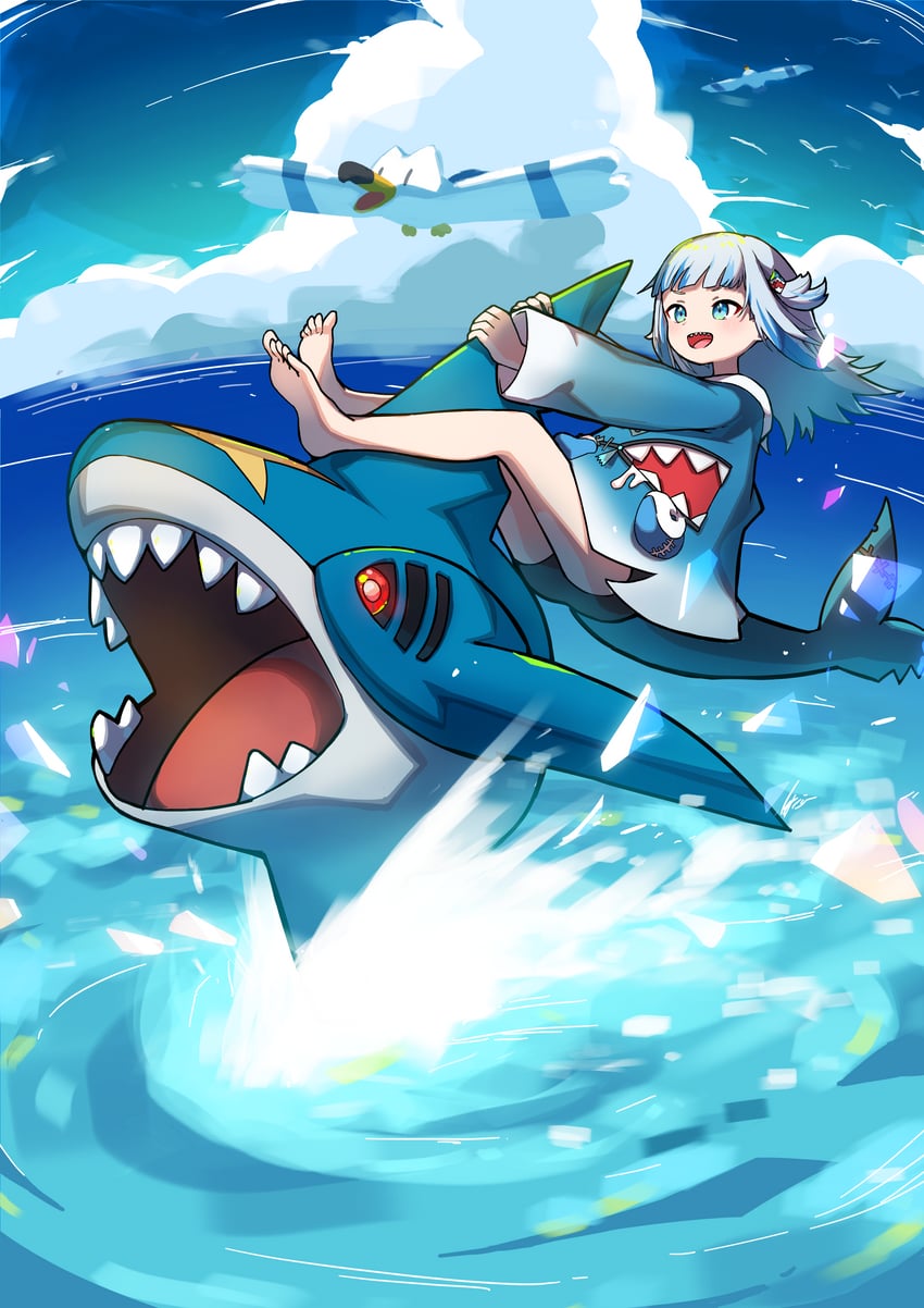 gawr gura, wingull, and sharpedo (pokemon and 2 more) drawn by taiyo_sketches