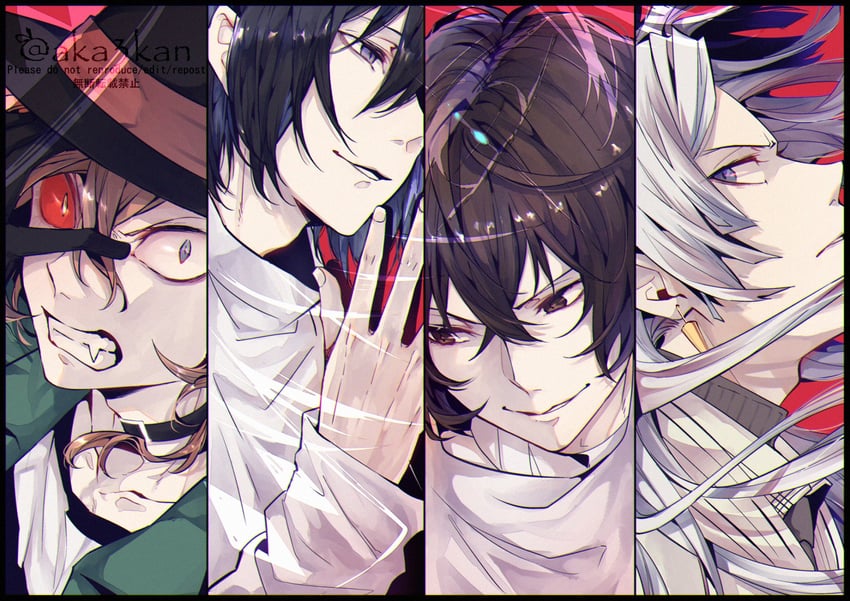 dazai osamu, nakahara chuuya, fyodor dostoyevsky, and sigma (bungou stray dogs) drawn by aka_mikan