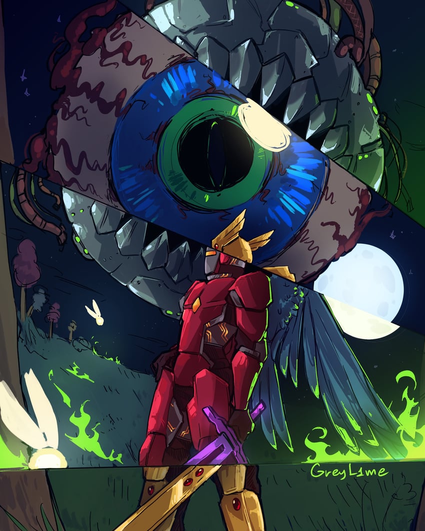player character, eye of cthulhu, and the twins (terraria) drawn by greyl1me