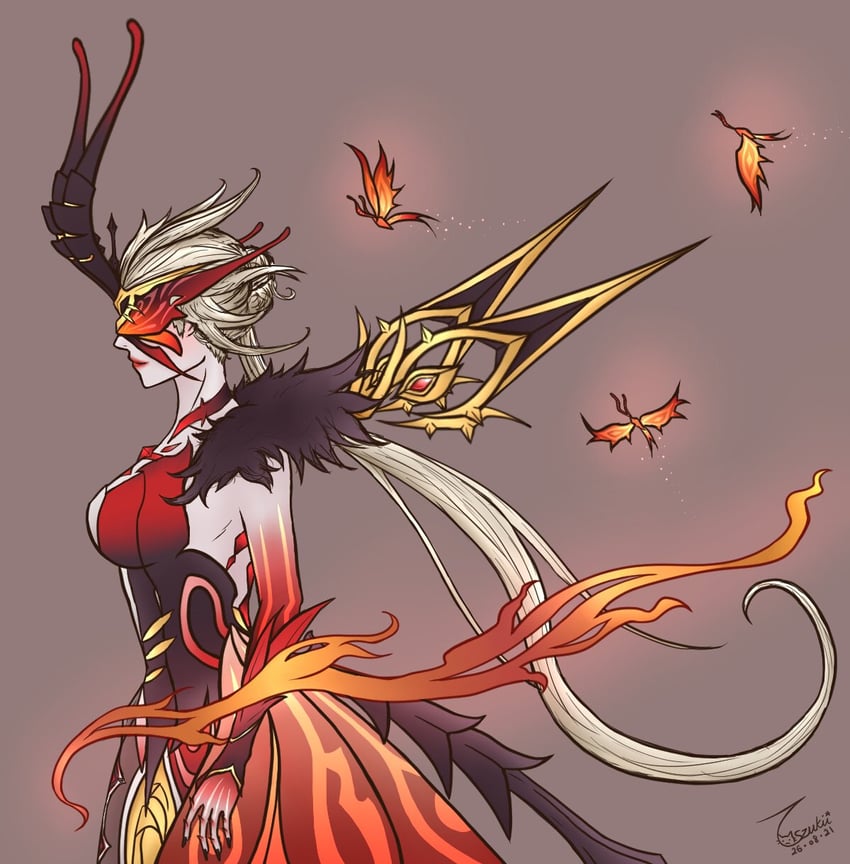 crimson lotus moth and signora (genshin impact) drawn by tszukiiii