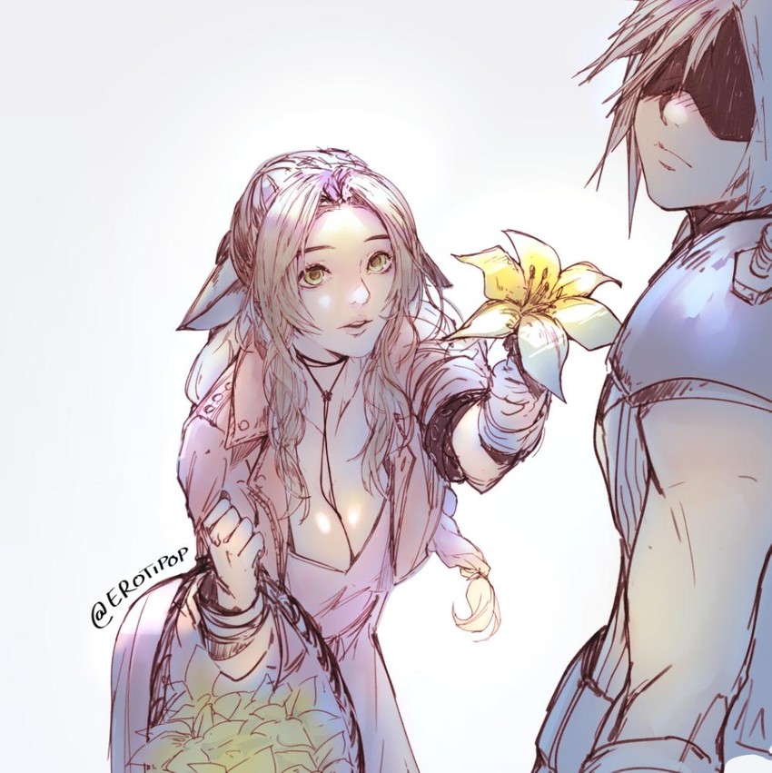 cloud strife and aerith gainsborough (final fantasy and 1 more) drawn by erotipop