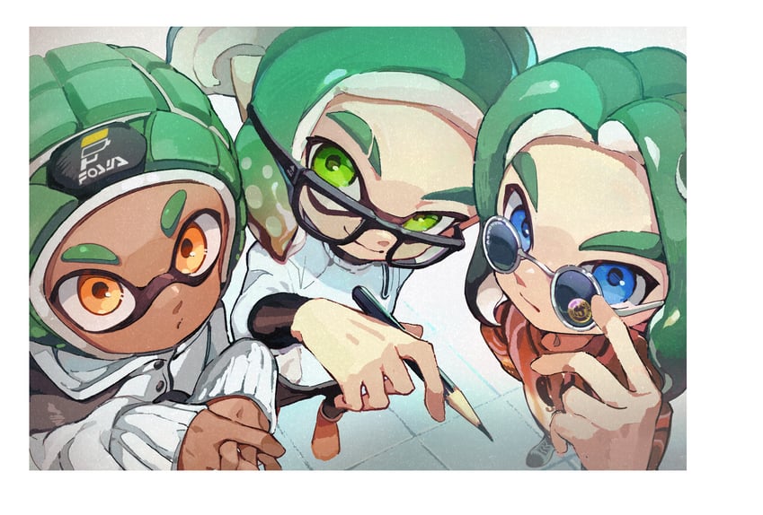 inkling player character, inkling girl, octoling player character, inkling boy, and octoling boy (splatoon) drawn by mkakimikan