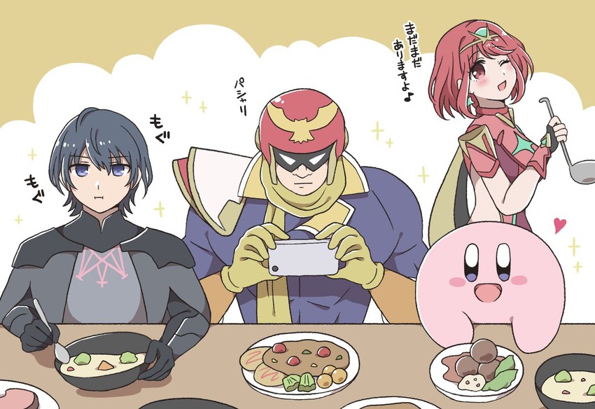 pyra, kirby, male byleth, and captain falcon (fire emblem and 6 more) drawn by hotatechoco_(hotariin)