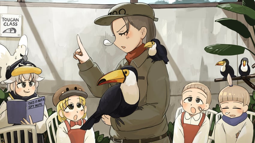 penguin keeper, penguin fan, bob cut twin, topknot twin, and toucan keeper (zookeepers) drawn by diva_(hyxpk)
