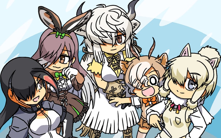 alpaca suri, yak, european hare, king penguin, and saiga antelope (kemono friends) drawn by srd_(srdsrd01)