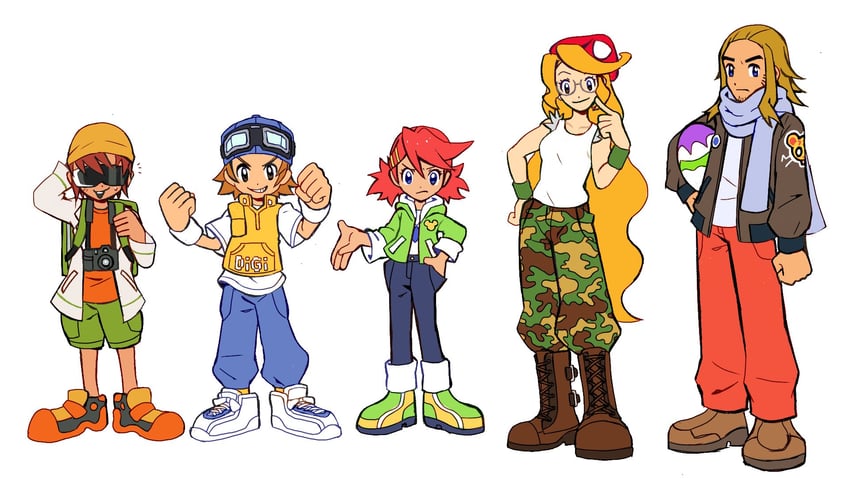 atsushi, takumi, minori, lisa, and kurt (digimon and 1 more) drawn by extyrannomon