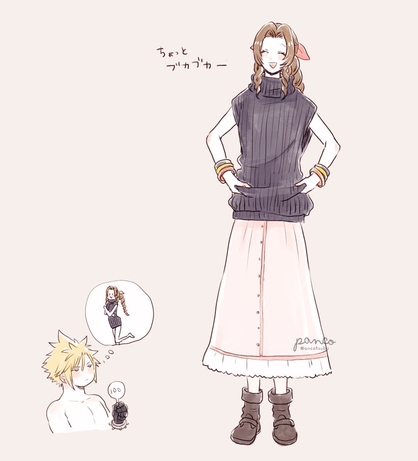 cloud strife and aerith gainsborough (final fantasy and 2 more) drawn by ancotsubu