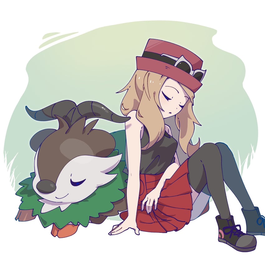 serena and skiddo (pokemon and 1 more) drawn by omochi_(omotimotittona3)