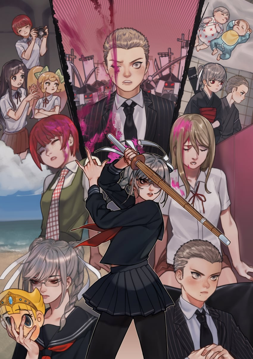 tsumiki mikan, saionji hiyoko, koizumi mahiru, pekoyama peko, kuzuryu fuyuhiko, and 1 more (danganronpa and 1 more) drawn by rei_(tdn_ng)